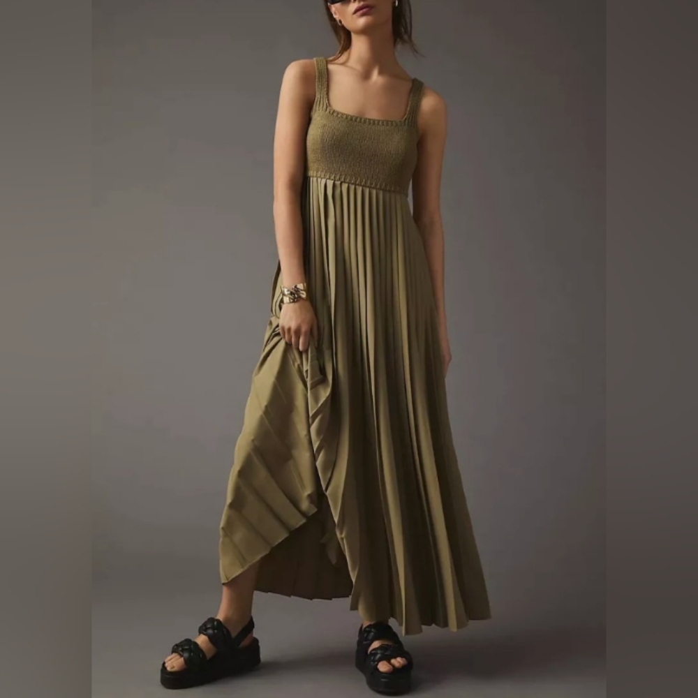 Anthropologie Olive Green Smocked Pleated Maxi Dress